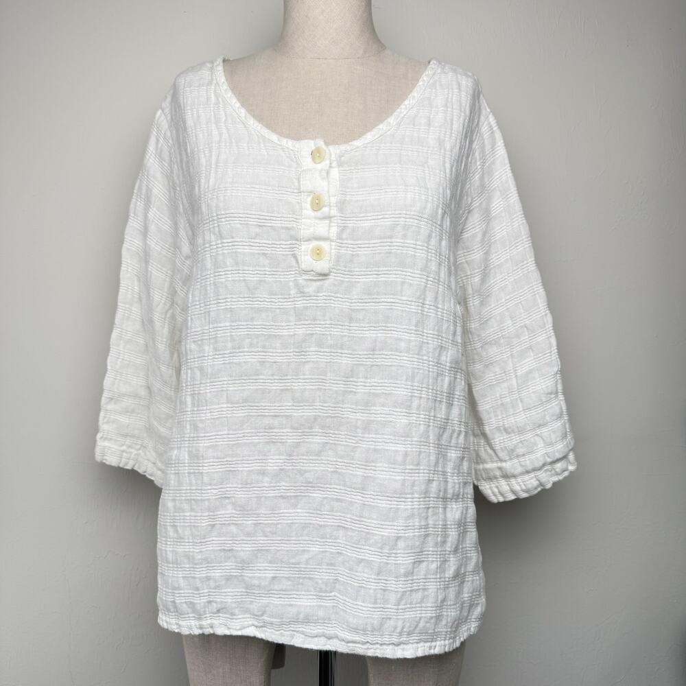 FLAX 100% Linen White Textured Flowy Tunic Top Medium Boho Coastal